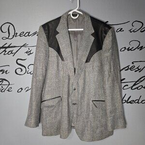Vintage Mesquite Niver Gray Tweed Western Black Leather Accent Jacket, 48L